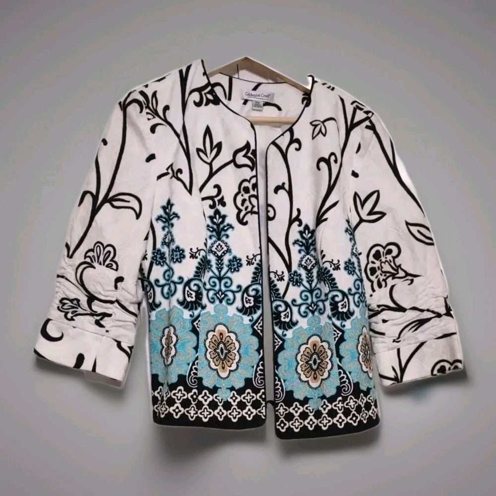 Coldwater Creek Floral Embroidered Open Front Jacket White Blue‎ Black